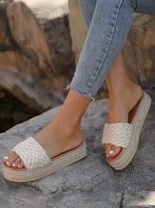 Braid Detail Espadrille Wedges Slide Sandals - Beige - View 4