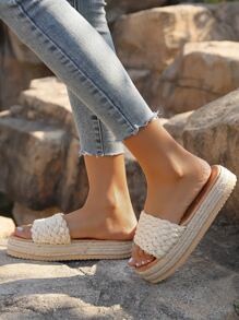 Braid Detail Espadrille Wedges Slide Sandals - Beige - View 5