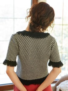 Knit Mix Crew Neck Striped Patchwork Fringed Hem Short Sleeve Knit Top, Random Stripe - Black and White - View 2