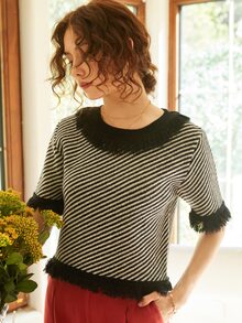 Knit Mix Crew Neck Striped Patchwork Fringed Hem Short Sleeve Knit Top, Random Stripe - Black and White - View 3