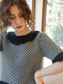 Knit Mix Crew Neck Striped Patchwork Fringed Hem Short Sleeve Knit Top, Random Stripe - Black and White - View 5