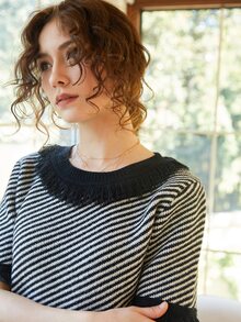 Knit Mix Crew Neck Striped Patchwork Fringed Hem Short Sleeve Knit Top, Random Stripe - Black and White - View 6