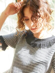 Knit Mix Crew Neck Striped Patchwork Fringed Hem Short Sleeve Knit Top, Random Stripe - Black and White - View 7