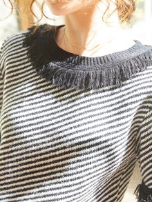 Knit Mix Crew Neck Striped Patchwork Fringed Hem Short Sleeve Knit Top, Random Stripe - Black and White - View 8