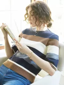 Knit Mix Colourblock Round Neck Knit Top - Multicolor - View 1