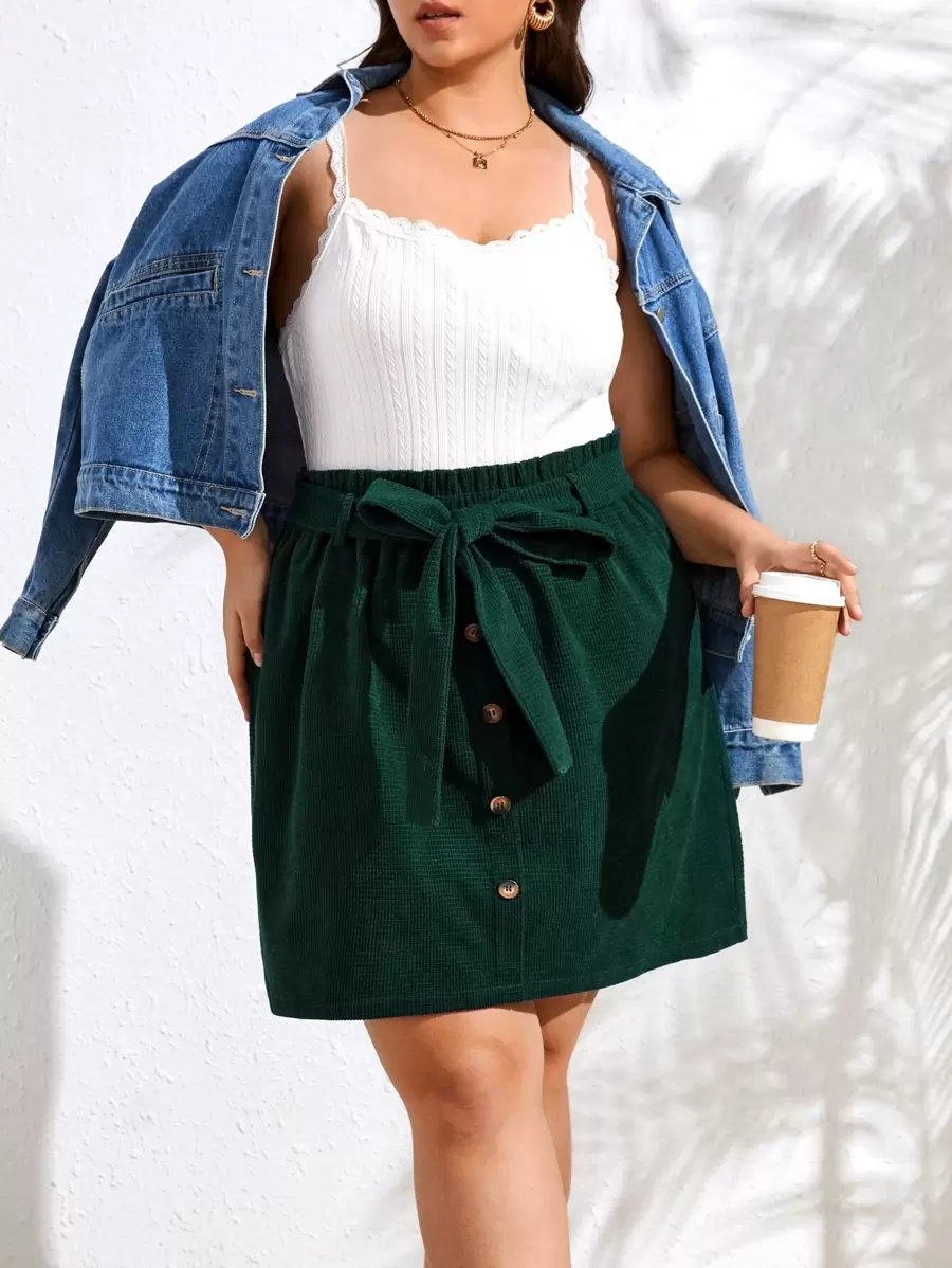 SHEIN Essnce Plus Paperbag Waist Fake Button Belted Skirt - Dark Green - View 1
