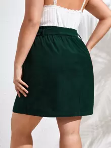 SHEIN Essnce Plus Paperbag Waist Fake Button Belted Skirt - Dark Green - View 2