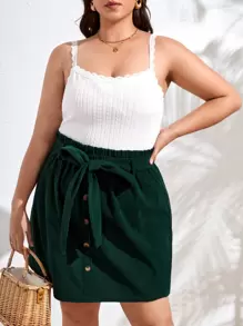 SHEIN Essnce Plus Paperbag Waist Fake Button Belted Skirt - Dark Green - View 4