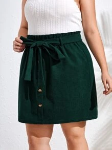 SHEIN Essnce Plus Paperbag Waist Fake Button Belted Skirt - Dark Green - View 6