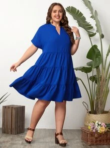 SHEIN VCAY 大碼缺口領荷葉邊連衣裙 - 寶藍色 - 查看 4