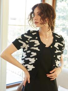 Knit Mix Graphic Pattern Button Front Cardigan - Black and White - View 1
