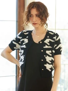 Knit Mix Graphic Pattern Button Front Cardigan - Black and White - View 8
