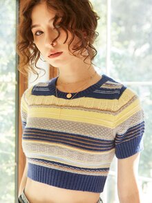 Knit Mix Striped Pattern Crop Knit Top - Blue - View 3
