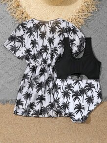 Girls Coconut Tree Print Cut Out One Piece Swimsuit & Drawstring Waist Kimono - Black and White - View 2