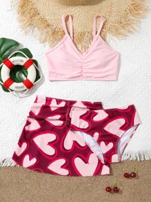 少女心印花褶皱比基尼套装搭配沙滩裙夏日海滩