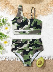 Tween Girl Camo Print Cut Out Bikini Set Summer Beach - Multicolor - View 1