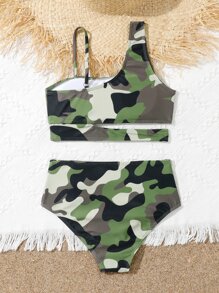 Tween Girl Camo Print Cut Out Bikini Set Summer Beach - Multicolor - View 2