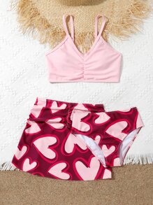 少女心印花褶皱比基尼套装搭配沙滩裙夏日海滩