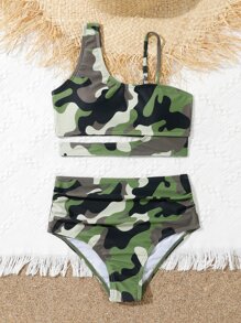Tween Girl Camo Print Cut Out Bikini Set Summer Beach - Multicolor - View 3