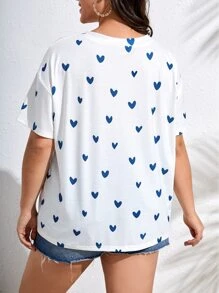 SHEIN Frenchy 大碼愛心圖案V領T恤 - 白色 - 查看 2