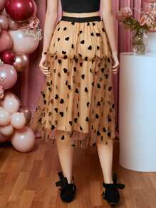 SHEIN Teen Girls Heart Print Mesh Overlay Skirt - Multicolor - View 2