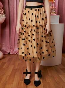 SHEIN Teen Girls Heart Print Mesh Overlay Skirt - Multicolor - View 4