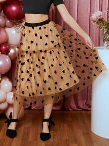SHEIN Teen Girls Heart Print Mesh Overlay Skirt - Multicolor - View 5