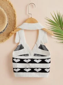 女孩愛心圖案吊脖背心開衫 - 黑與白 - 查看 2