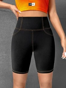 SHEIN EZwear 頂針貼布細節寬腰帶騎行褲 - 黑色 - 查看 2