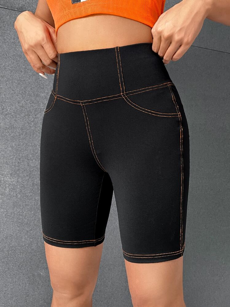 SHEIN EZwear Shorts biker con puntada con diseño de parche de cintura ancha - Negro - Añade 5