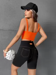 SHEIN EZwear 頂針貼布細節寬腰帶騎行褲 - 黑色 - 查看 6