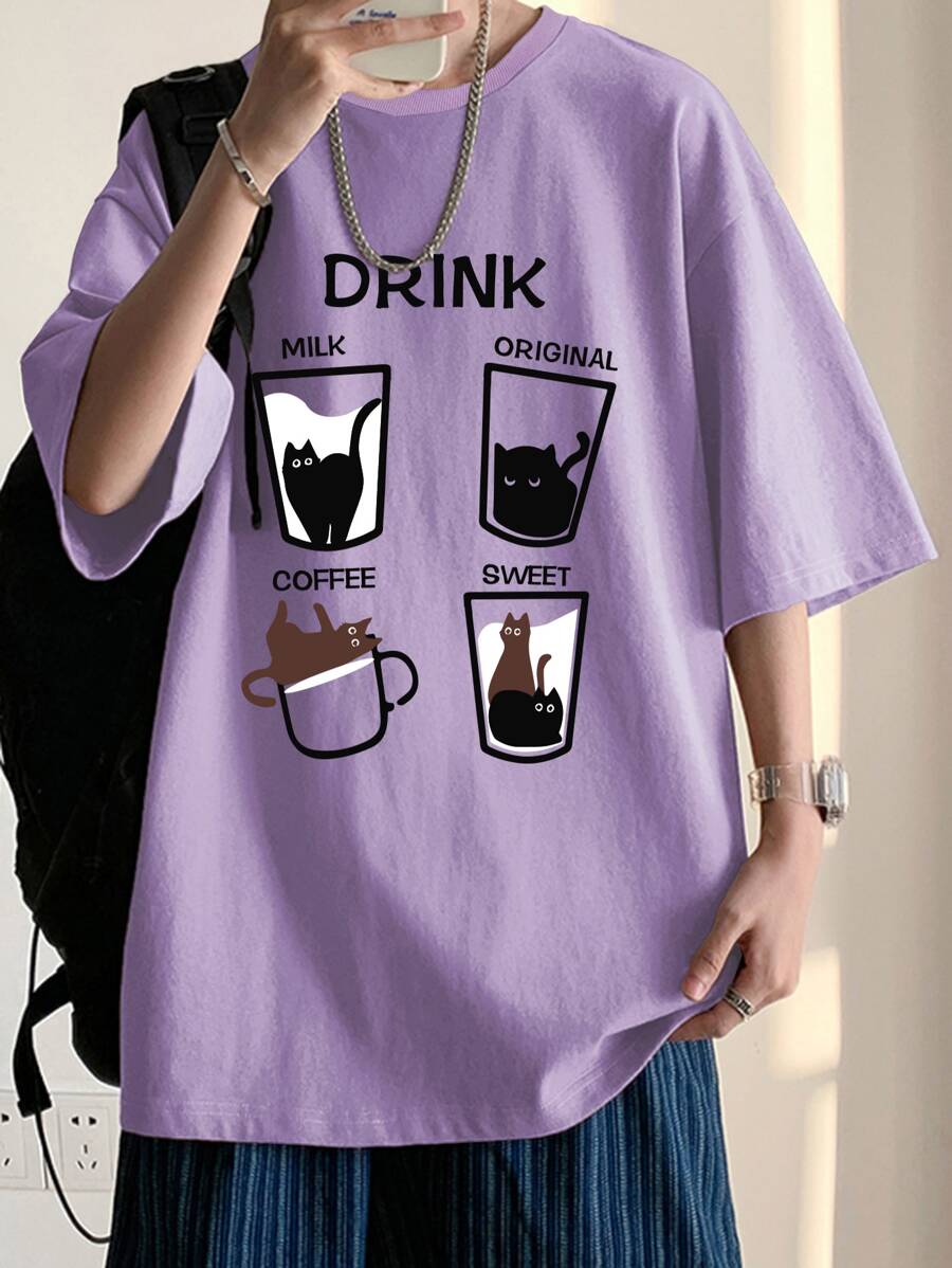 Manfinity Hypemode 男士卡通和字母圖案落肩T恤 - 淡紫色 - 查看 1