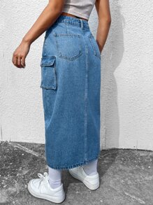 SHEIN ICON Falda en mezclilla con bolsillo con solapa bajo con abertura - Azul lavado medio - Ver 3