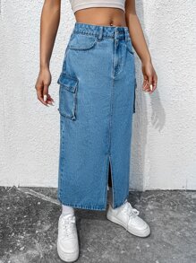 SHEIN ICON Falda en mezclilla con bolsillo con solapa bajo con abertura - Azul lavado medio - Ver 1