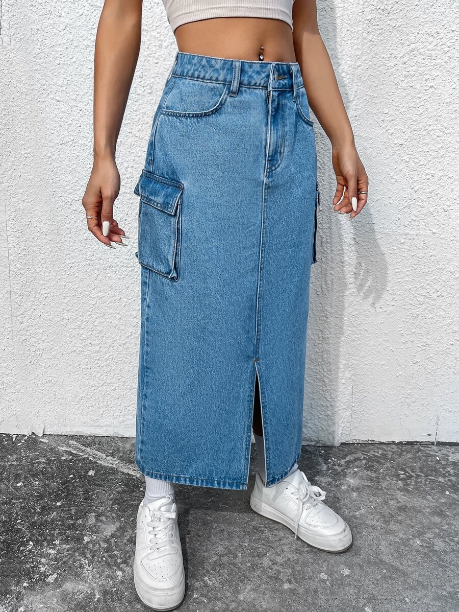 SHEIN ICON Flap Pocket Split Hem Denim Skirt - Medium Wash - View 1