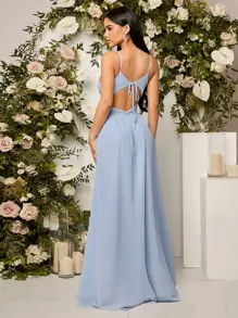 SHEIN Belle 後背繫帶前扭結雪紡伴娘連衣裙 - 淺藍色 - 查看 2