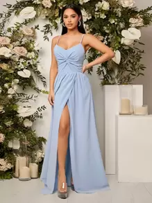 SHEIN Belle 後背繫帶前扭結雪紡伴娘連衣裙 - 淺藍色 - 查看 1