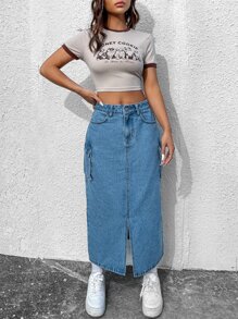 SHEIN ICON Falda en mezclilla con bolsillo con solapa bajo con abertura - Azul lavado medio - Ver 5