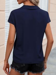 SHEIN LUNE Solid V Neck Blouse - Navy Blue - View 2