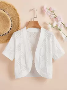 SHEIN Vintaside Kids Tween Girl Pointelle Knit Cardigan  Cropped Cardigan Girls Kids Sweaters For Girls Girls Ribbed Cardigan Tween Cardigan Scalloped Cardigan - White - View 5