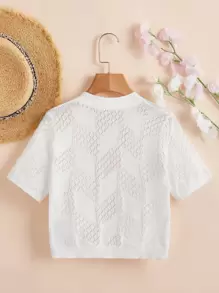 SHEIN Vintaside Kids Tween Girl Pointelle Knit Cardigan  Cropped Cardigan Girls Kids Sweaters For Girls Girls Ribbed Cardigan Tween Cardigan Scalloped Cardigan - White - View 2