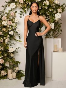 SHEIN Belle 交叉露背伴娘連衣裙 - 黑色 - 查看 6