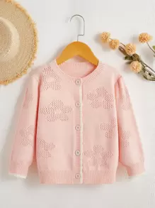 SHEIN Toddler Girls Pointelle Knit Button Front Cardigan - Baby Pink - View 1