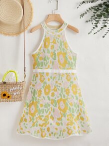Girls Allover Floral Pattern Halter Sweater Dress - Multicolor - View 1