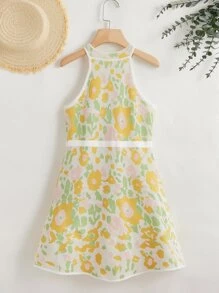 Girls Allover Floral Pattern Halter Sweater Dress - Multicolor - View 2