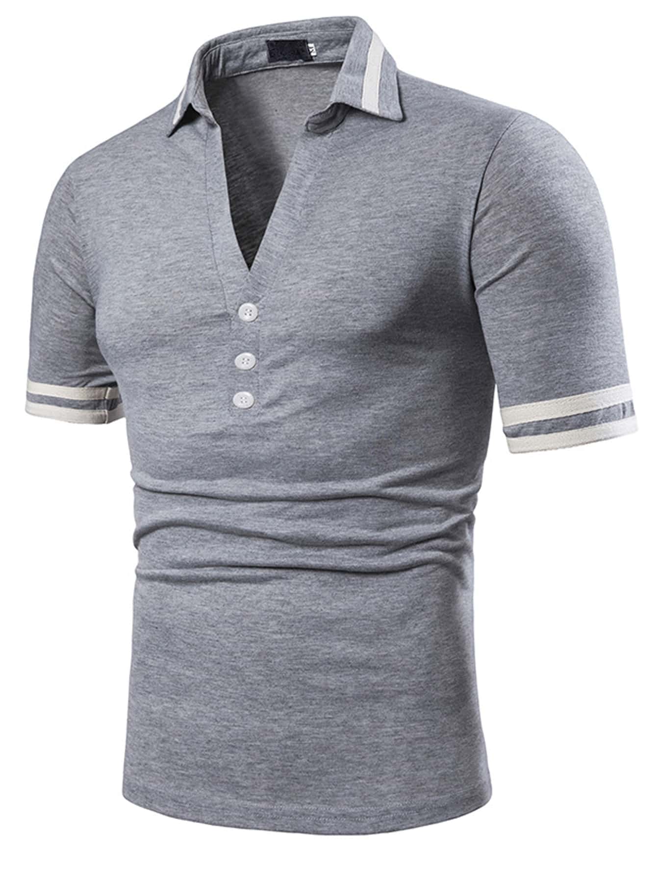 男士條紋飾邊POLO衫 - 淺灰色 - 查看 1