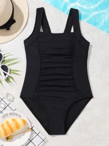 Chicas Bañador una pieza unicolor fruncido - Negro - Ver 5
