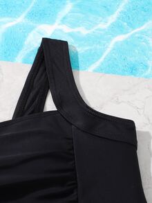 Chicas Bañador una pieza unicolor fruncido - Negro - Ver 3