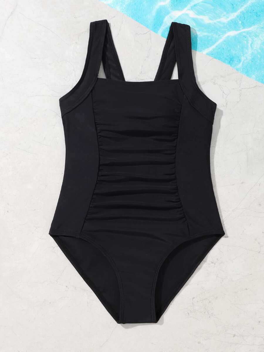 Chicas Bañador una pieza unicolor fruncido - Negro - Ver 1