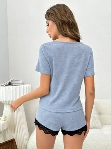 Contrast Lace Scallop Trim PJ Set - Grey - View 2